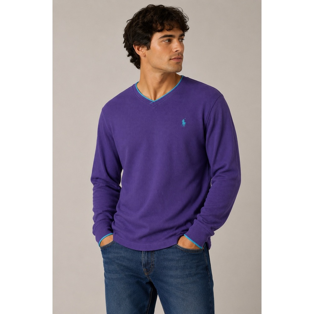Polo Ralph Lauren Mens Purple Waffle‎ Knit Thermal V-Neck Shirt Medium |R1